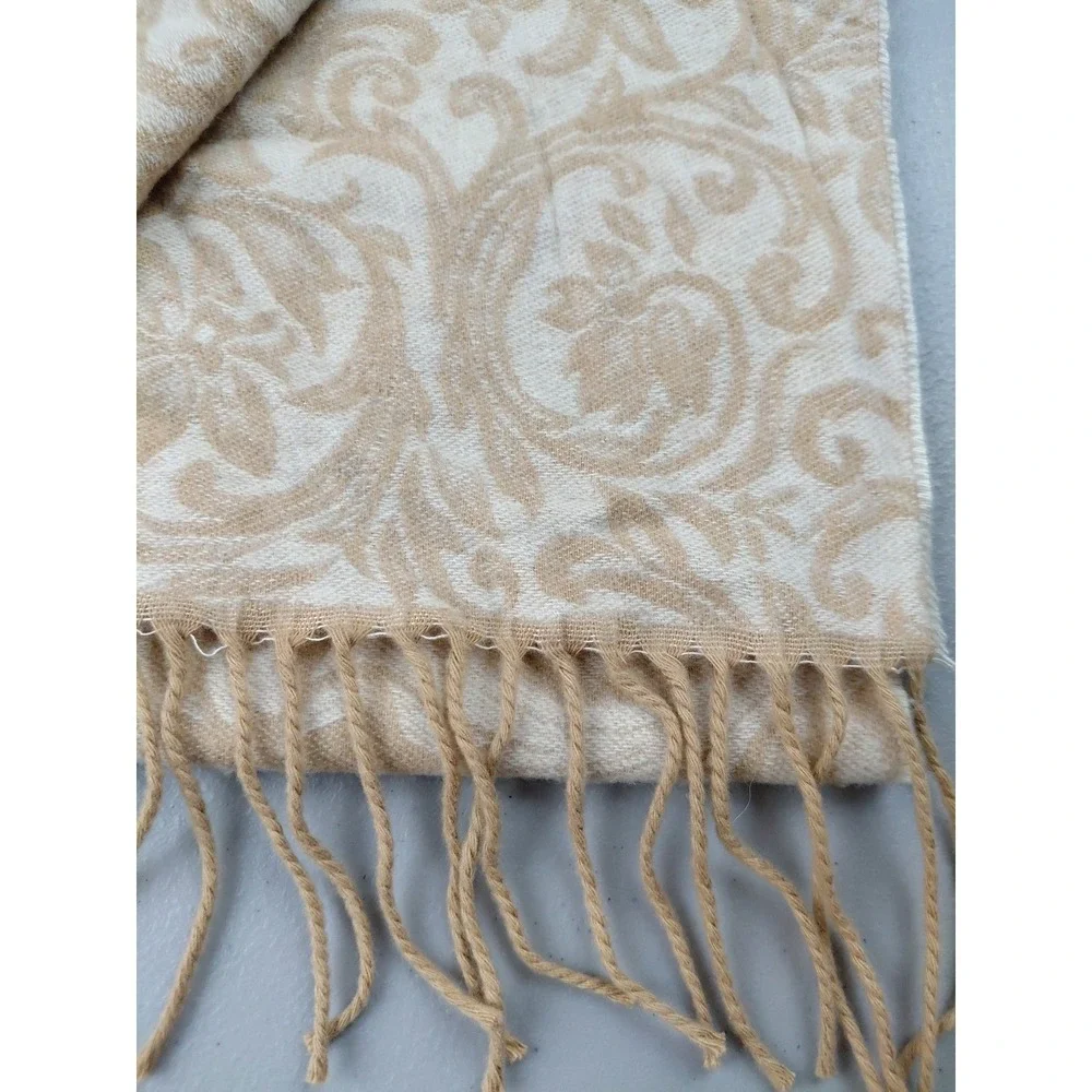 German Winter Scarf Cozy Beige Fringe Flue Scroll Floral 10X68" Soft Acrylic - Picture 2 of 4